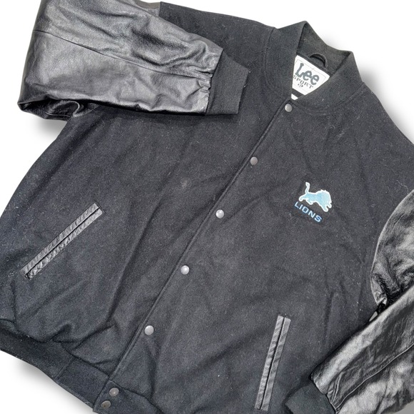 Lee Sport Other - Lee Sport Detroit Lions Varsity Jacket Genuine Leather Sleeves Black Mens XL‎
